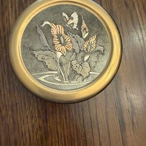 Chokin gold tone Japanese etched Floral marbled Trinket Box